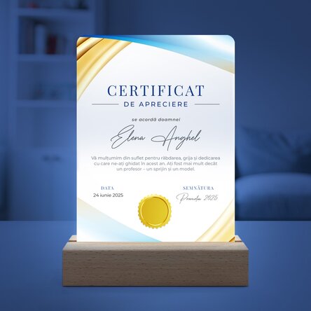 Lampă veghe LED personalizată cu mesaj - Certificat de apreciere