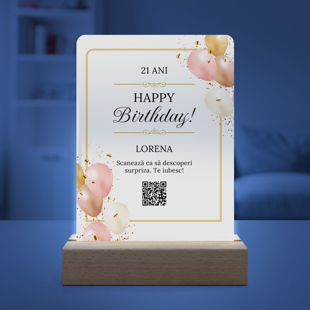 Lampă veghe LED personalizată cu mesaj și cod QR - Zi de naștere