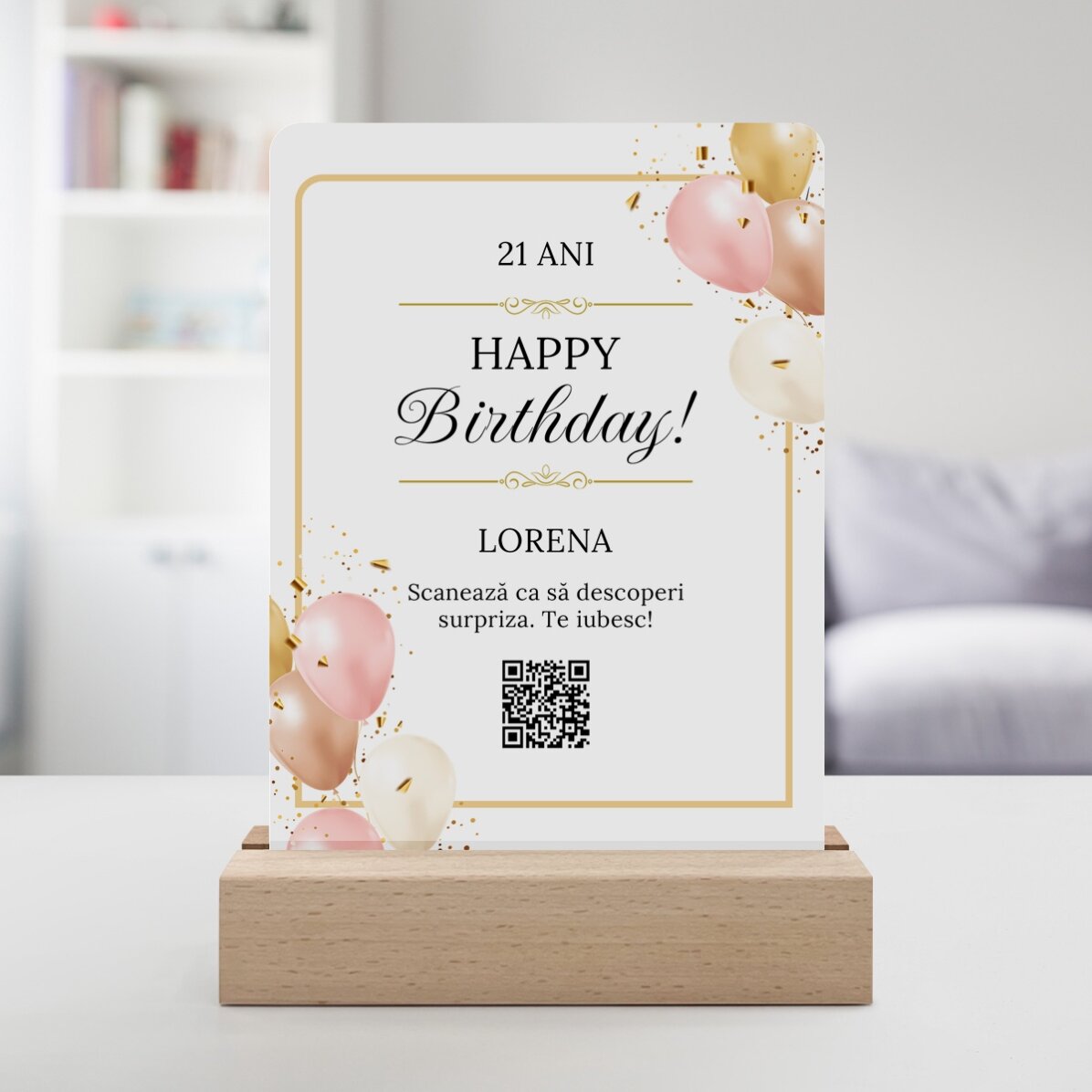 Lampă veghe LED personalizată cu mesaj și cod QR - Zi de naștere