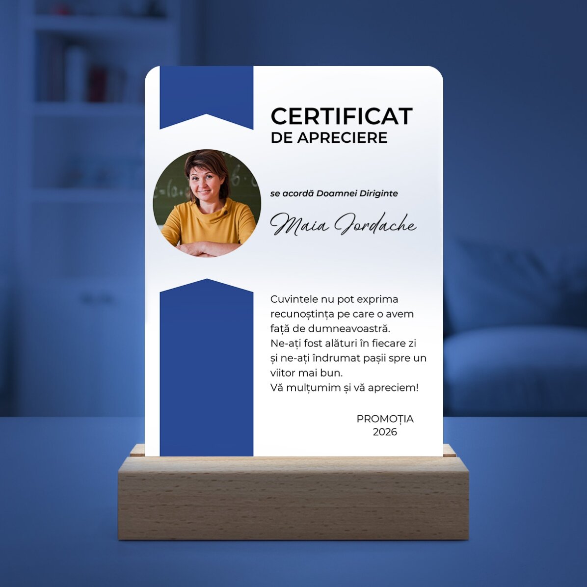 Personalised LED night light with a photo and message - Certificate of appreciation