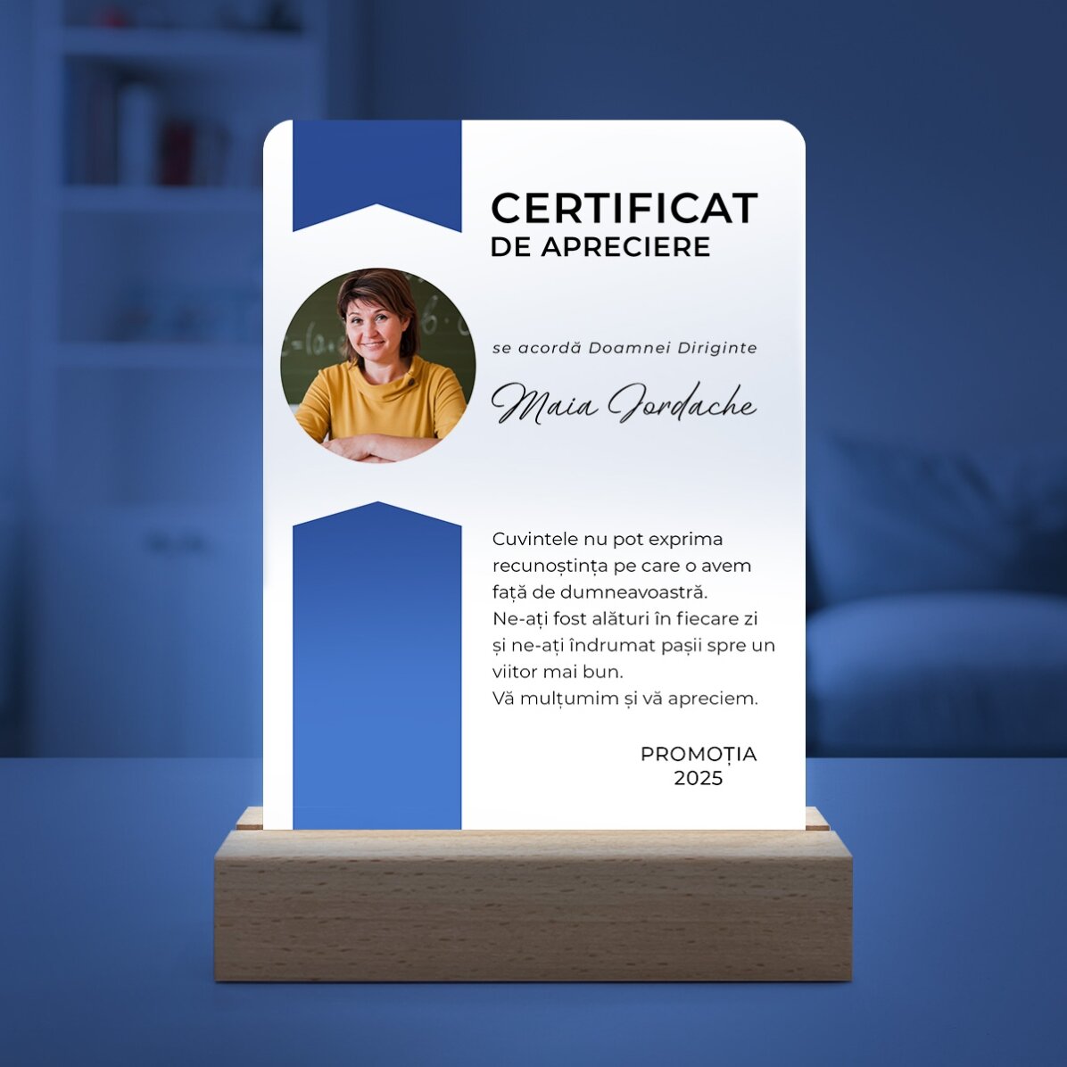 Lampă veghe LED personalizată cu o poză și mesaj - Certificat de apreciere