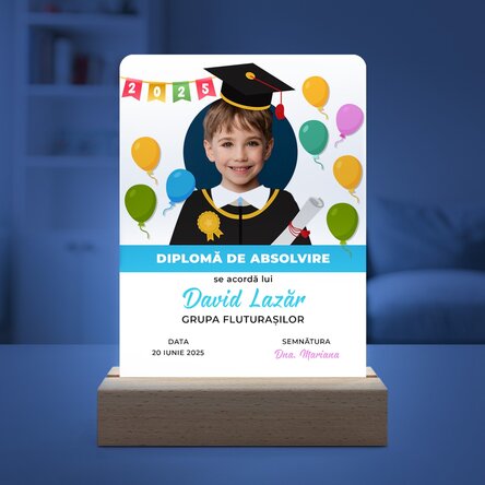 Lampă veghe LED personalizată cu o poză și mesaj pentru copii - Diplomă de absolvire