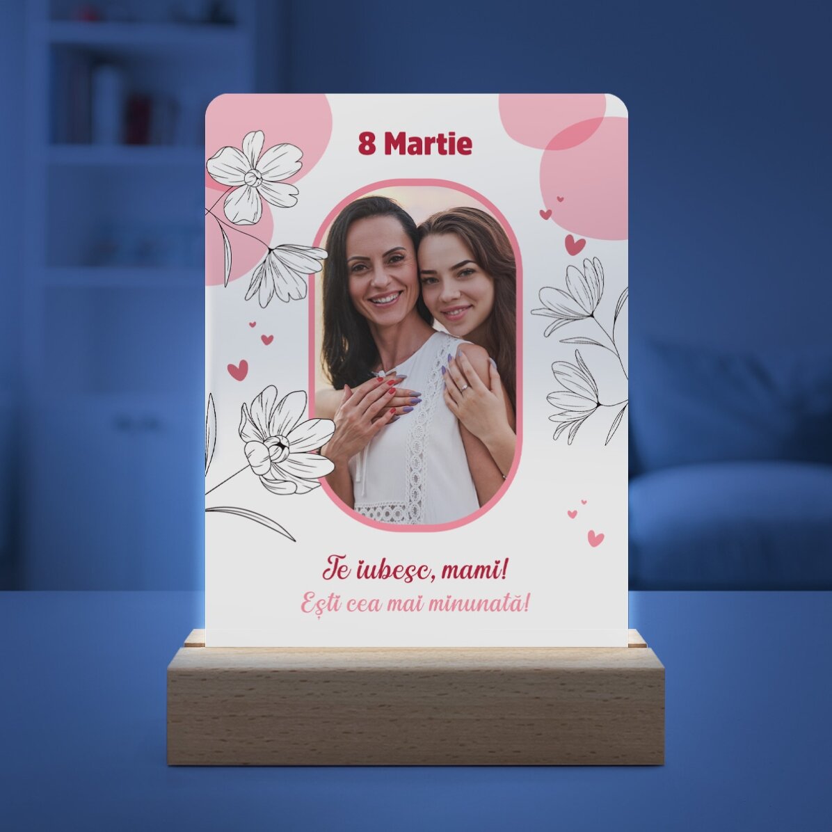 Personalised LED night light with photo and text - Floral