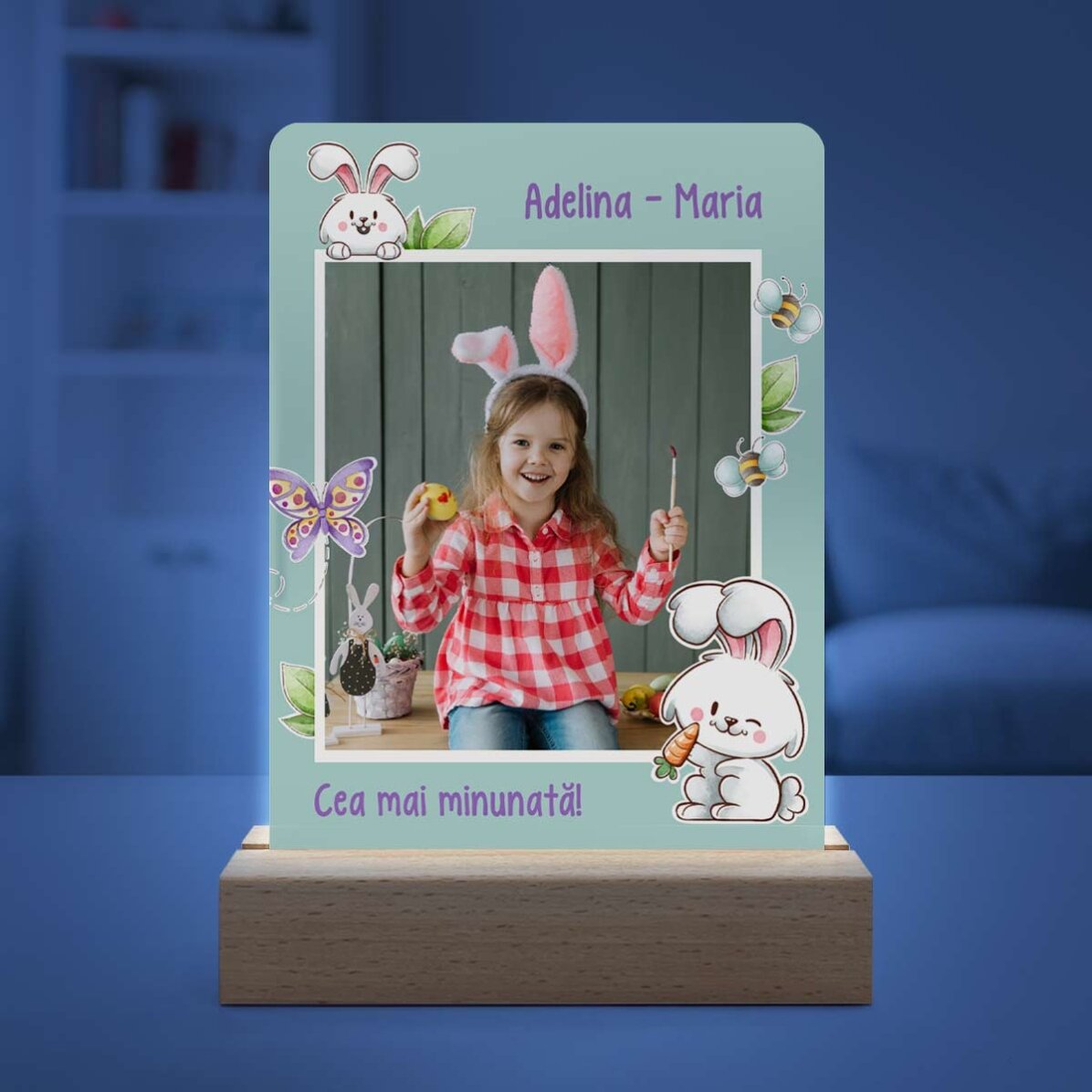 Personalised LED night light with a photo and text - Bunny