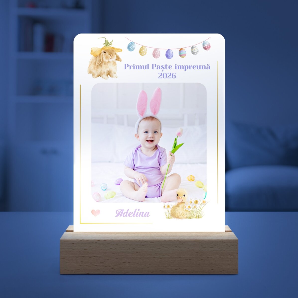 Personalised LED night light with a photo and text – First Easter