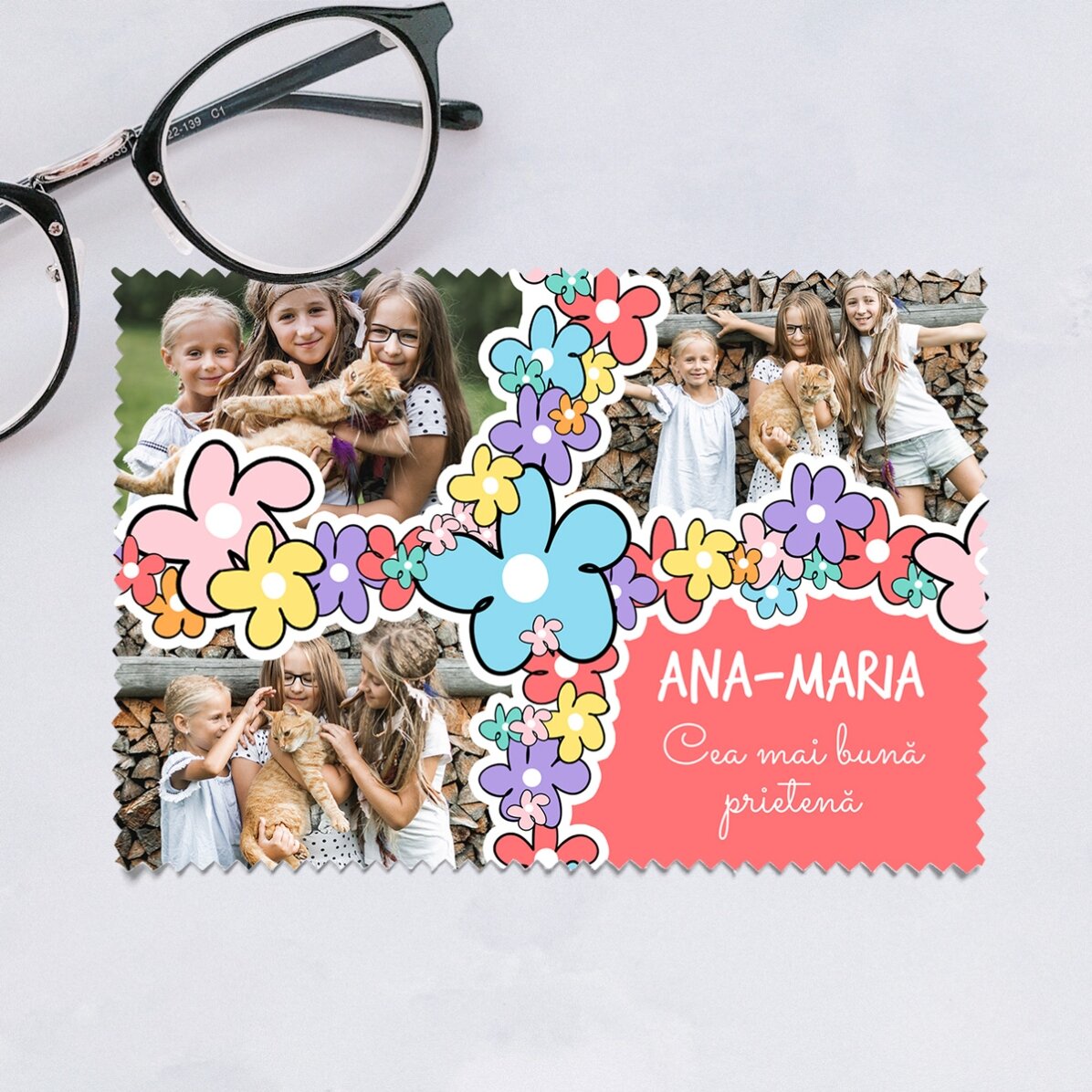 Personalised cloth with 3 photos for cleaning screens/glasses - Doodle flowers