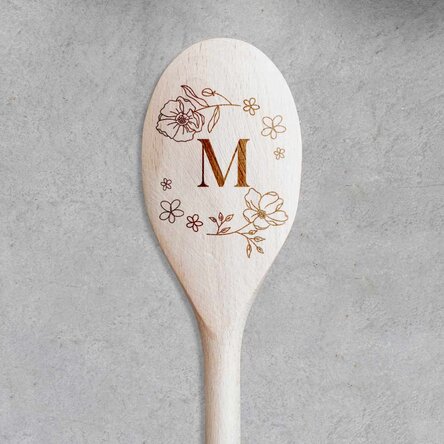 Lingură de lemn personalizată cu inițială - Flori