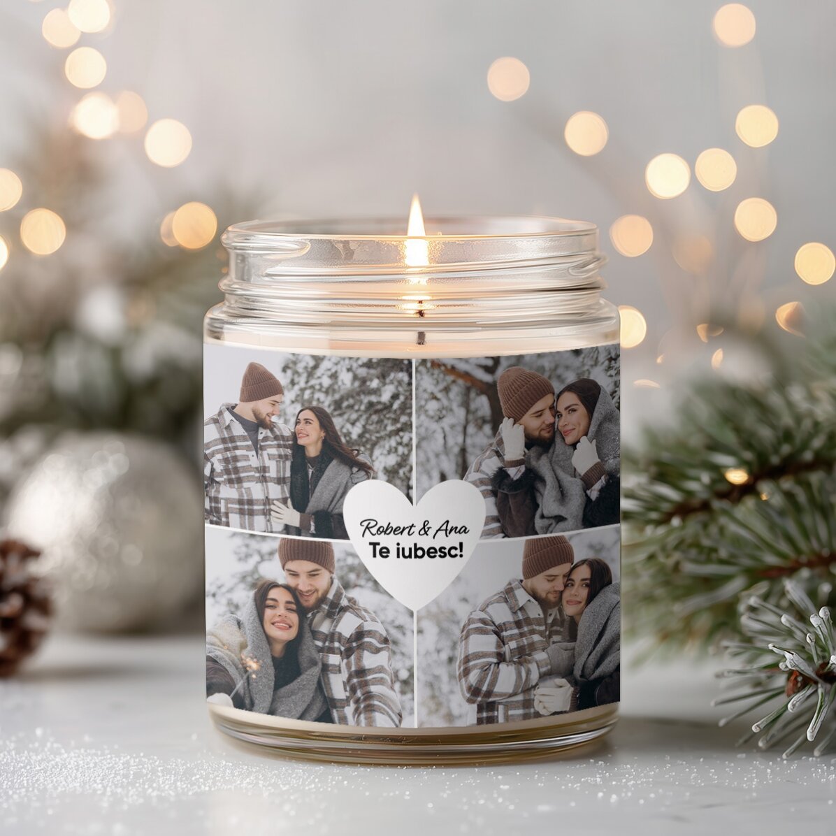 Lumânare mare parfumată personalizată cu 4 poze și text - Love
