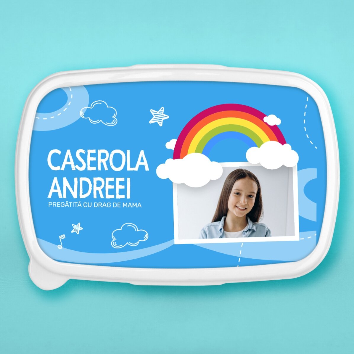Lunch box, caserolă personalizat cu o poză și nume - Model curcubeu