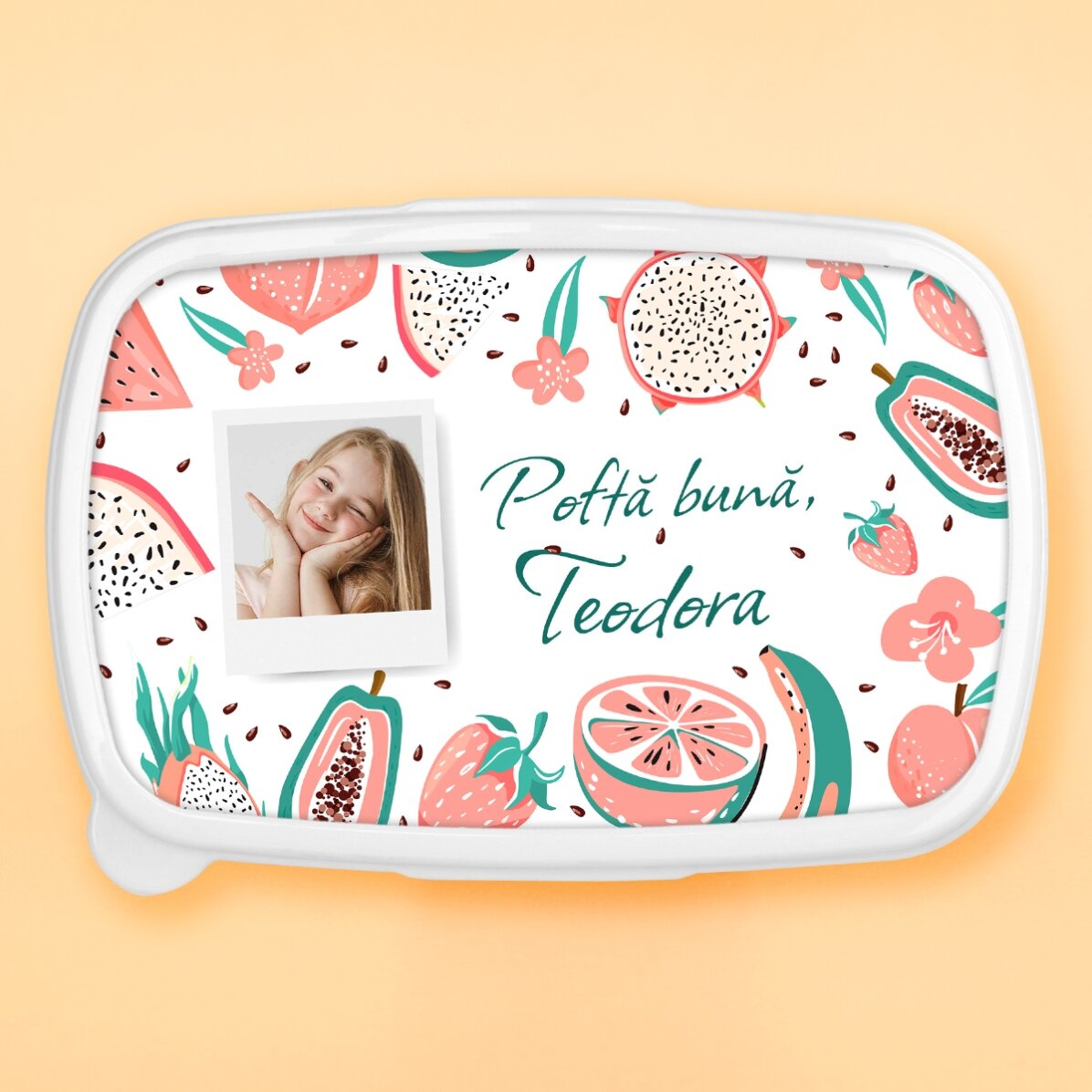 Lunch box, caserolă personalizat cu o poză și mesaj - Fructe