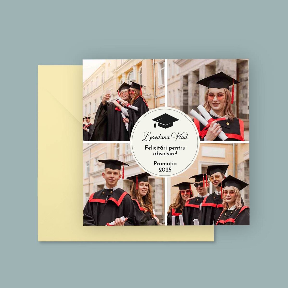 Magnet 10x10 cm personalizat cu 4 poze și text - Absolvire