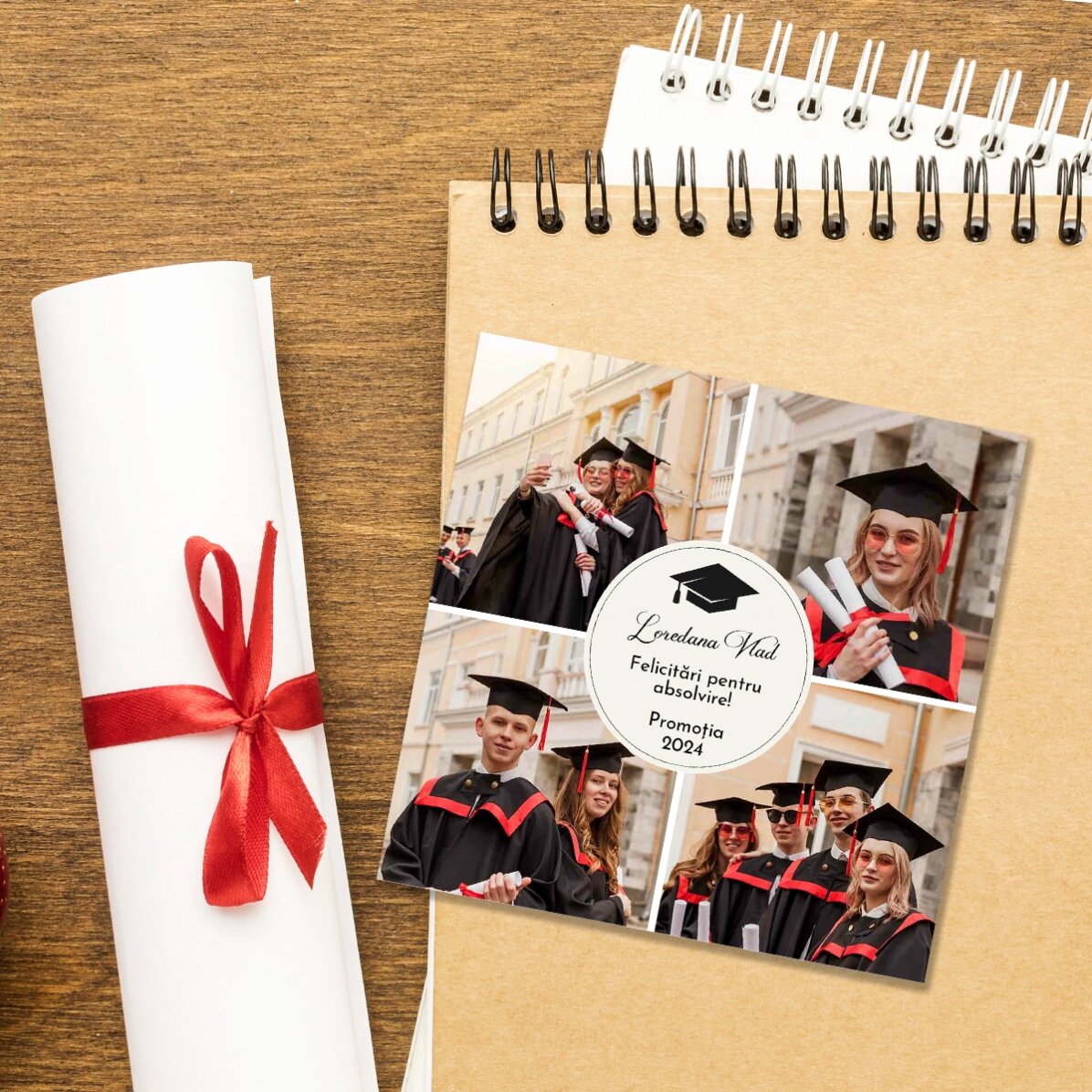 Magnet 10x10 cm personalizat cu 4 poze și text - Absolvire