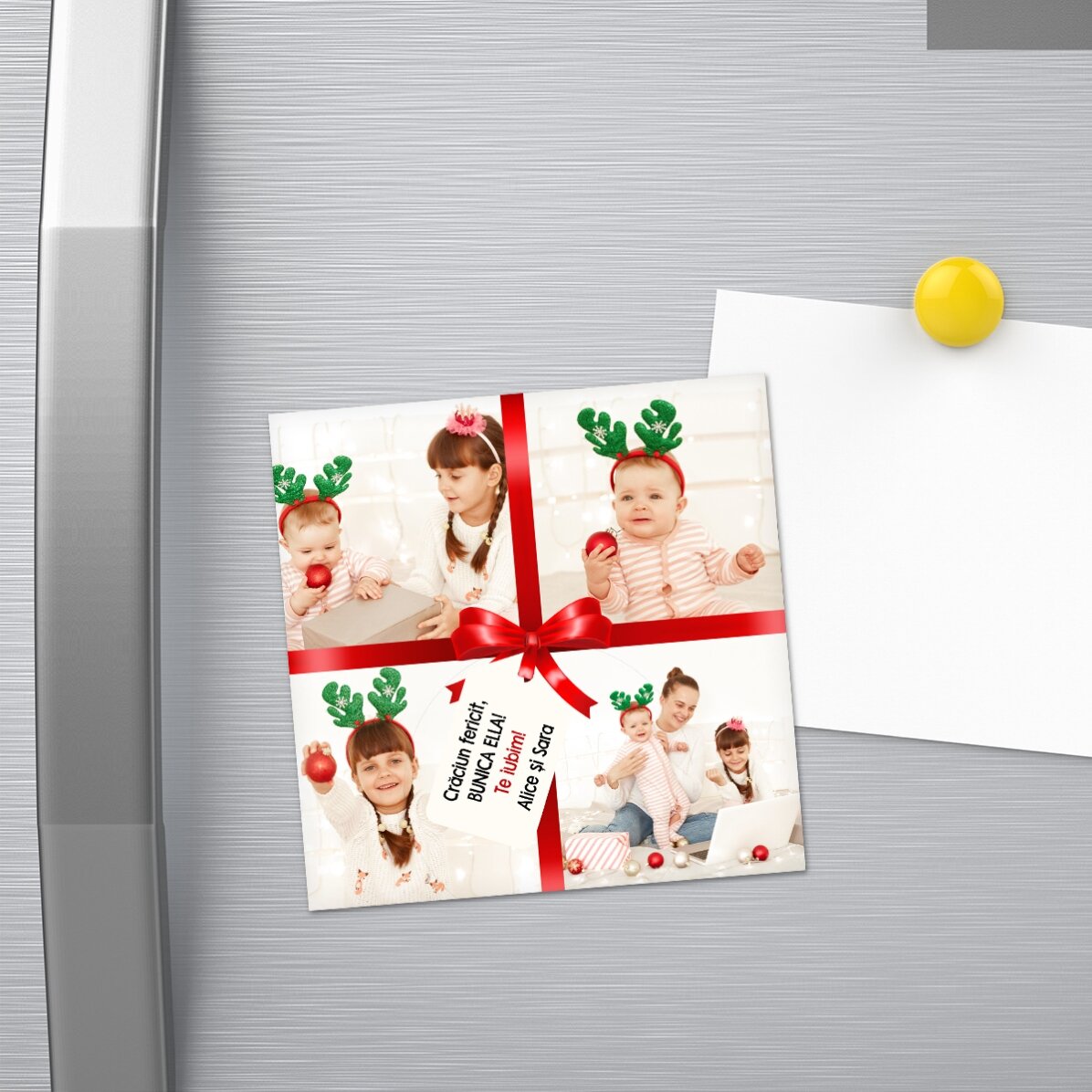 Magnet 10x10 personalizat cu 4 poze și mesaj - Cadoul perfect