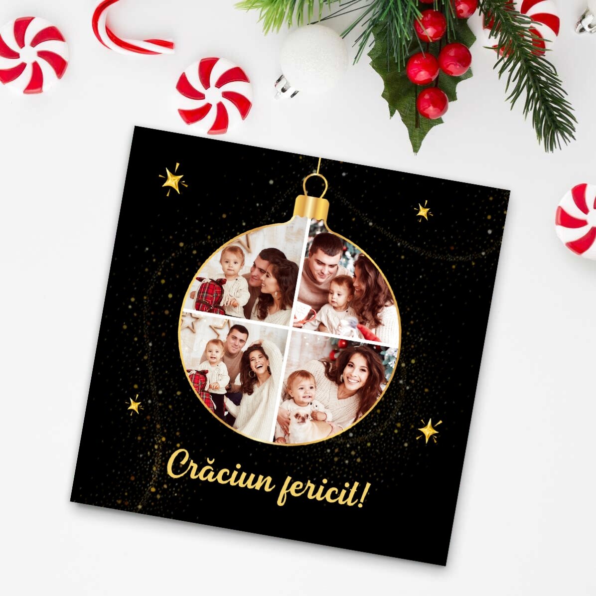 Magnet 10x10 personalizat cu 4 poze și mesaj - Glob de Crăciun
