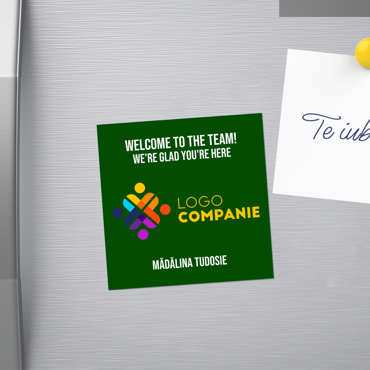 10x10 magnet customised with logo and text - Welcome