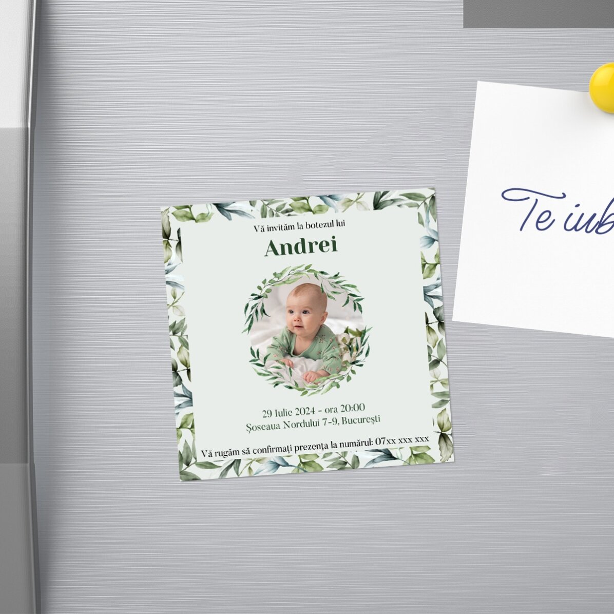 Magnet 10x10 personalizat cu o poză și text - Invitație Botez