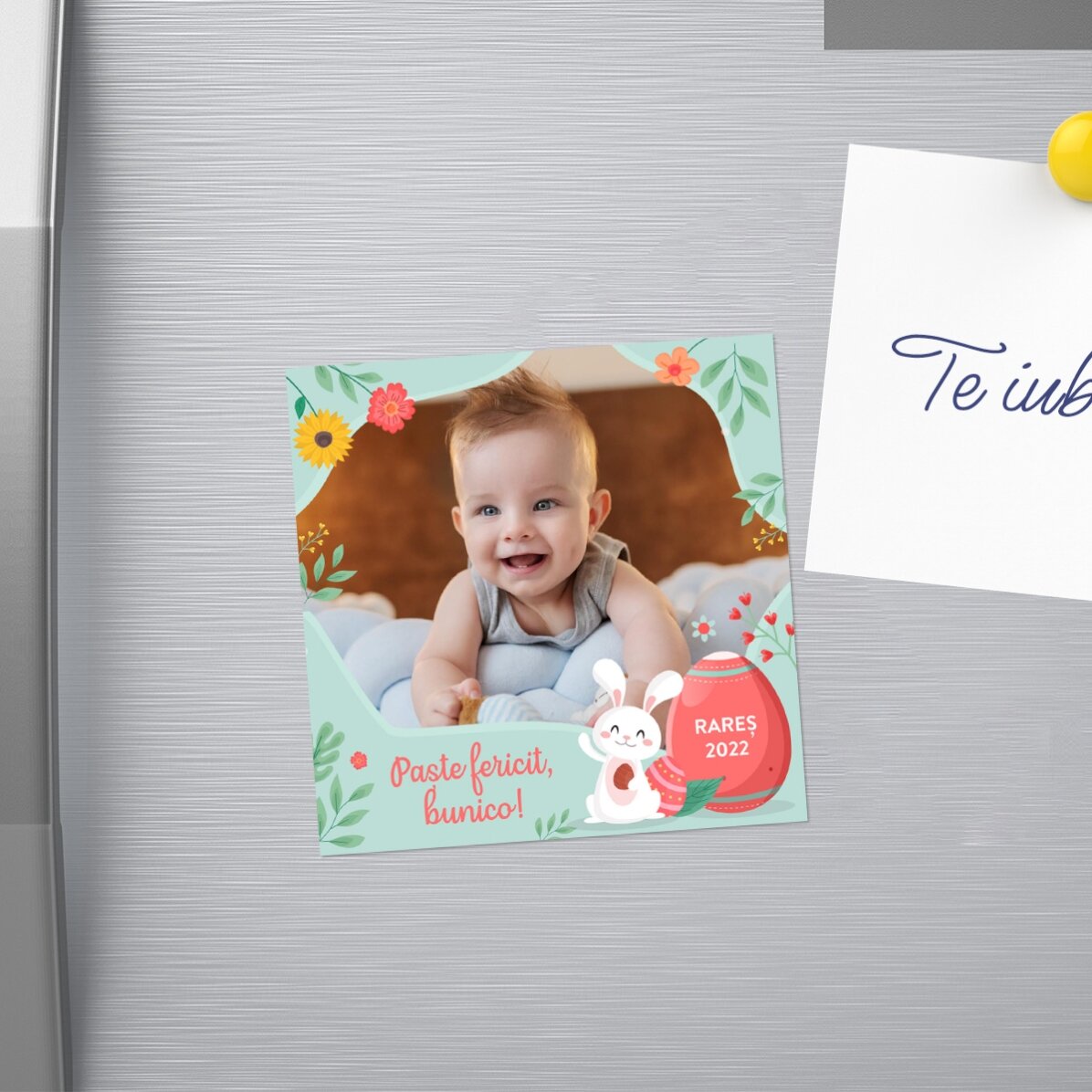 Magnet 10x10 personalizat cu o poză și text - Paște fericit