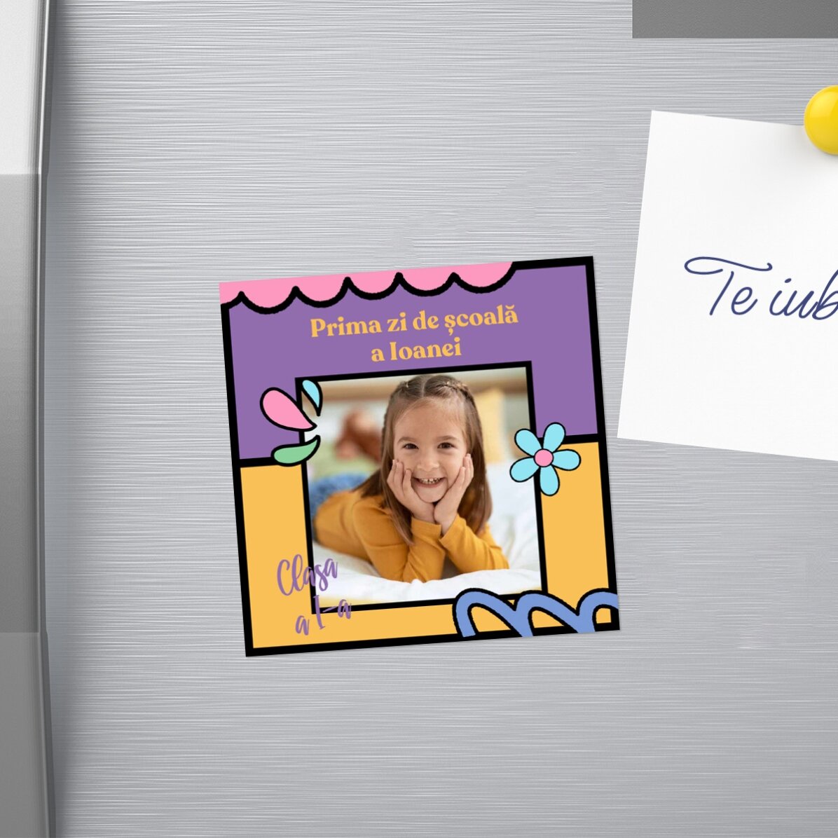 Magnet 10x10 personalizat cu o poză și text - Prima zi de școală