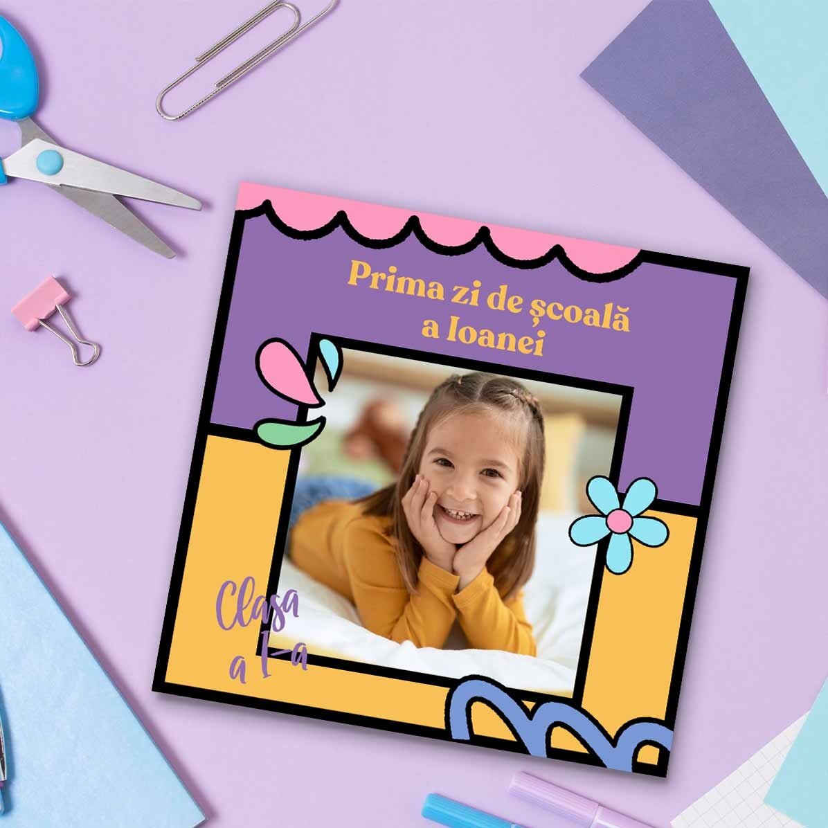 Magnet 10x10 personalizat cu o poză și text - Prima zi de școală