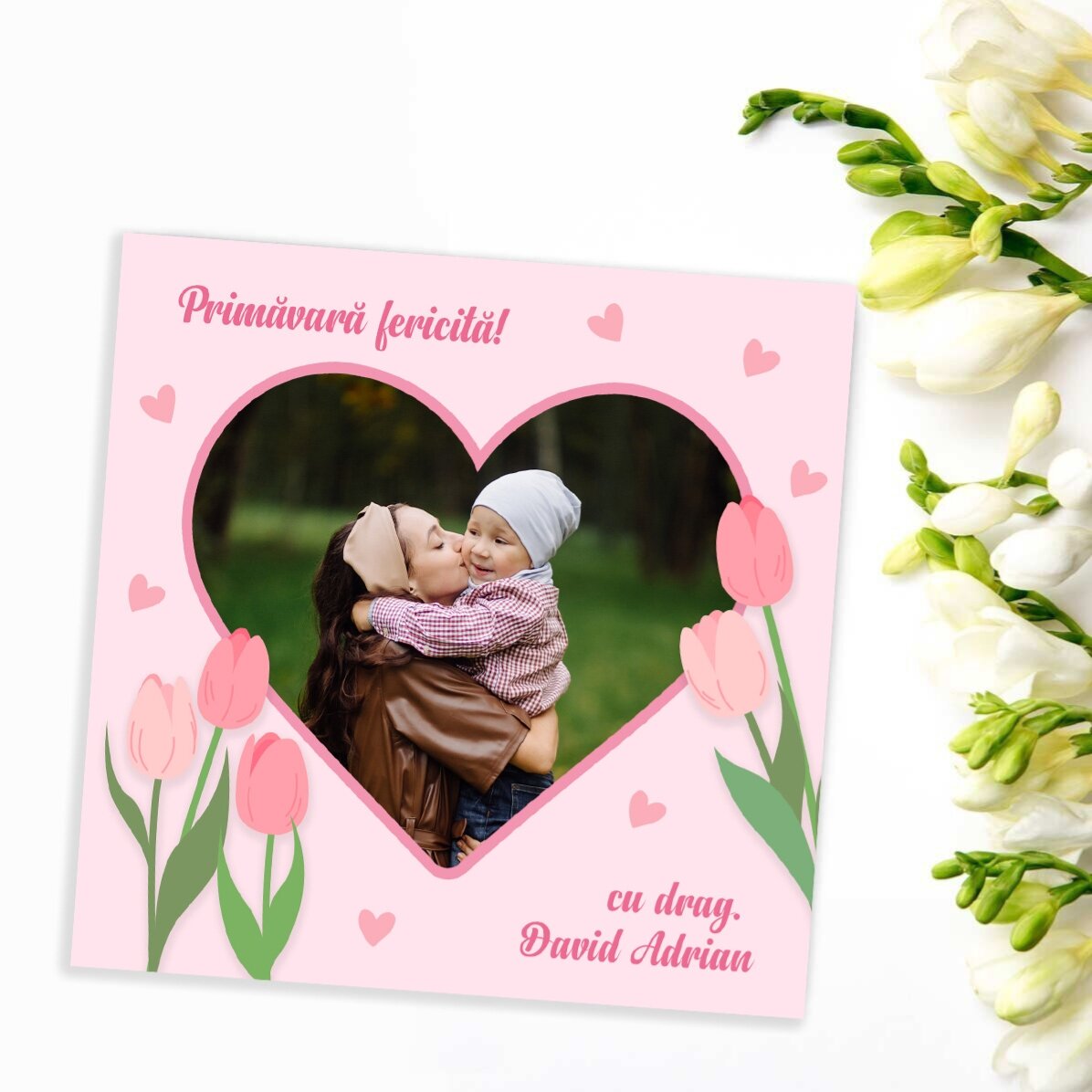 Magnet 10x10 personalizat cu o poză și text - Primăvară fericită