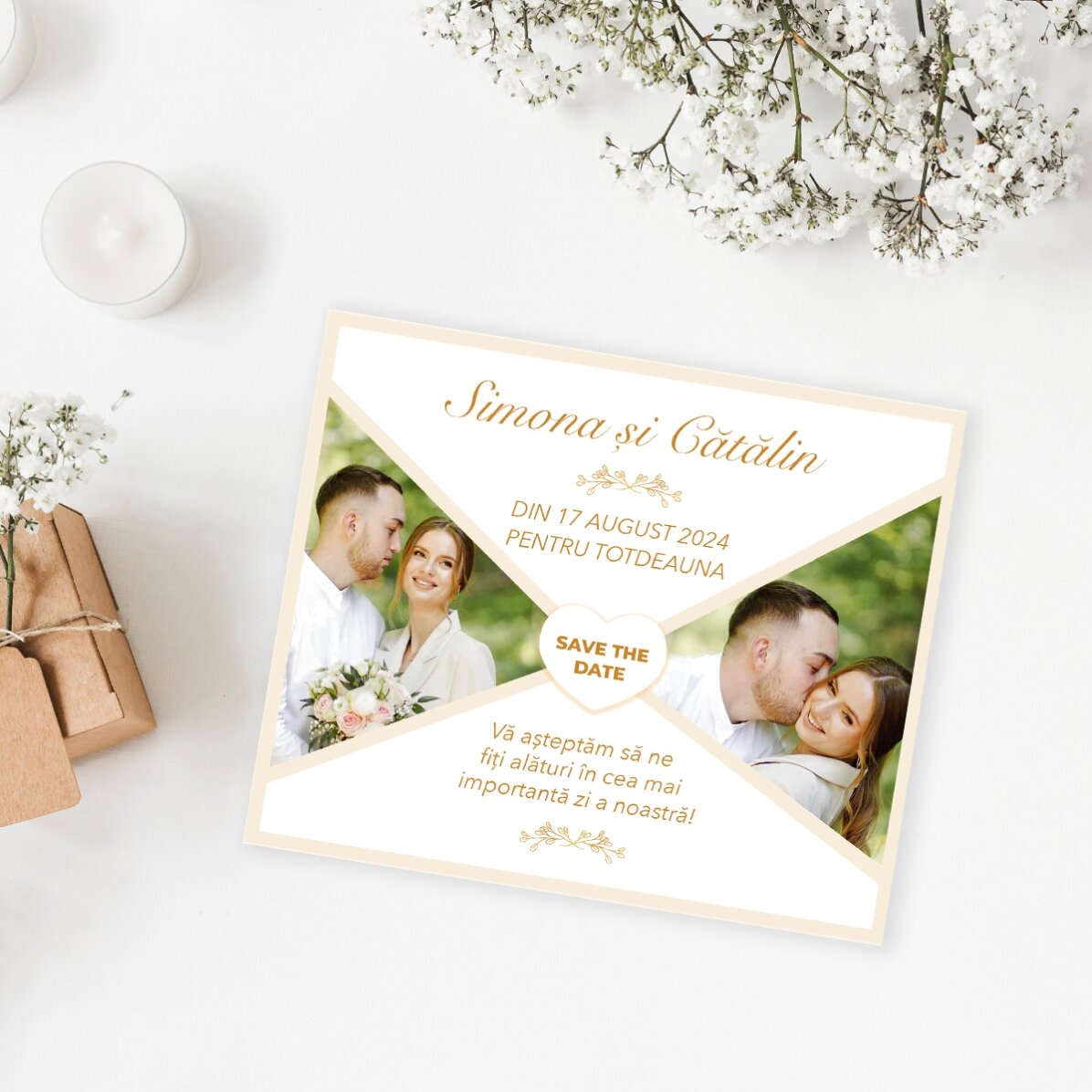 Magnet 12x10 cm personalizat cu 2 poze și text - Save the date