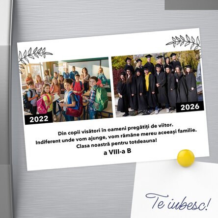 Personalised 18x13cm magnet featuring 2 photos and text – Then and now