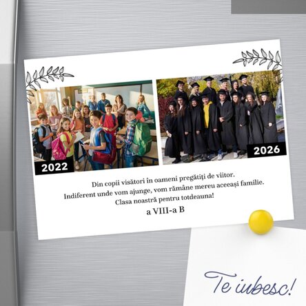 Personalised 18x13cm magnet featuring 2 photos and text – Then and now