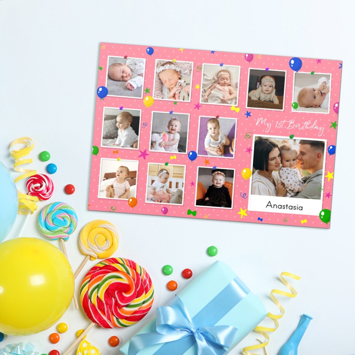 Magnet 18x13cm personalizat cu poze și text - My first birthday