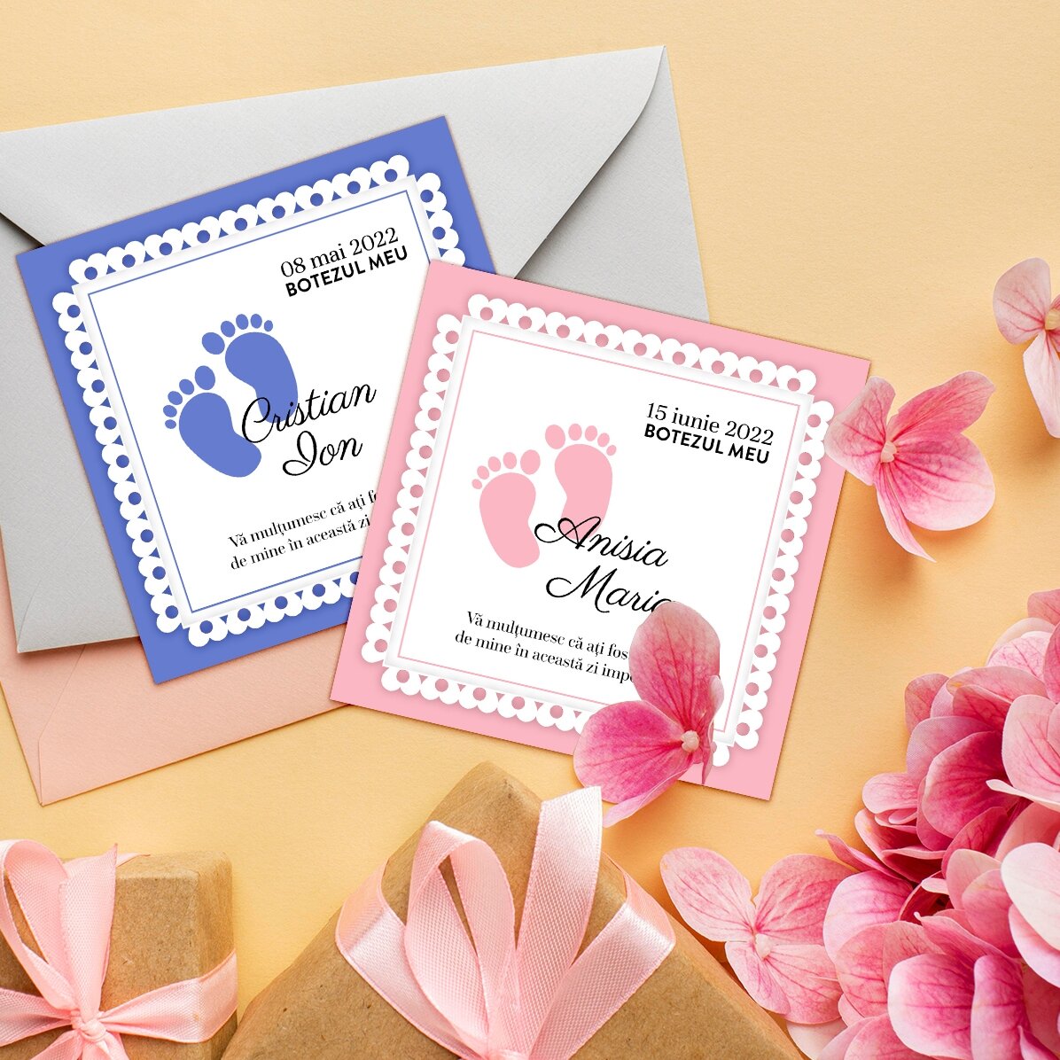 Magnet mărturie pentru botez 10x10 personalizat cu text - Piciorușe