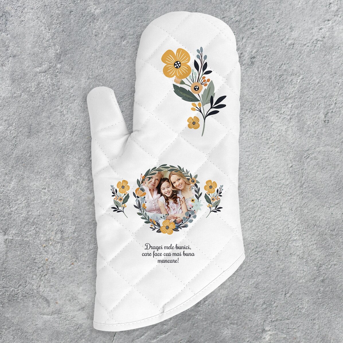 Mănușă de bucătărie personalizată cu poză și text - Model flori