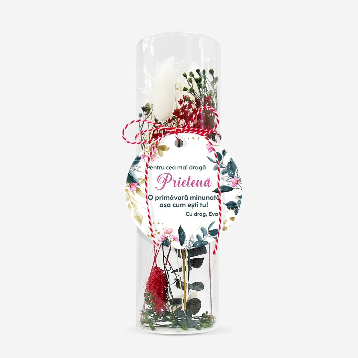 Ornament mărțișor din sticlă cu flori prezervate personalizat cu mesaj - Cea mai dragă