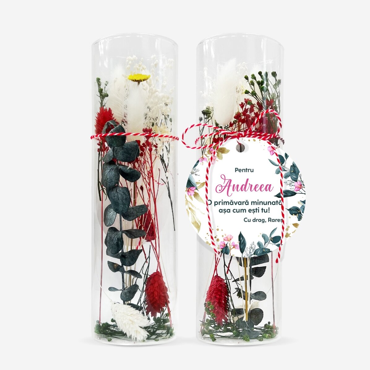 Ornament mărțișor din sticlă cu flori prezervate personalizat cu mesaj - Cea mai dragă