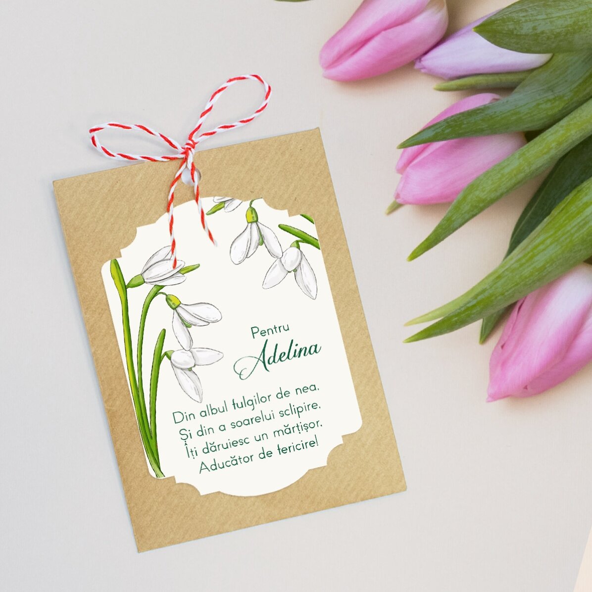 Mărțișor plantabil personalizat cu mesaj pentru colege - Ghiocei