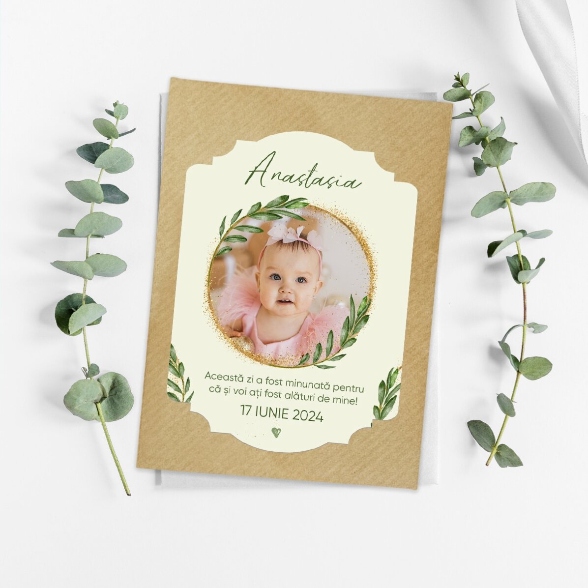 Mărturie plantabilă personalizată pentru botez cu poză și text 