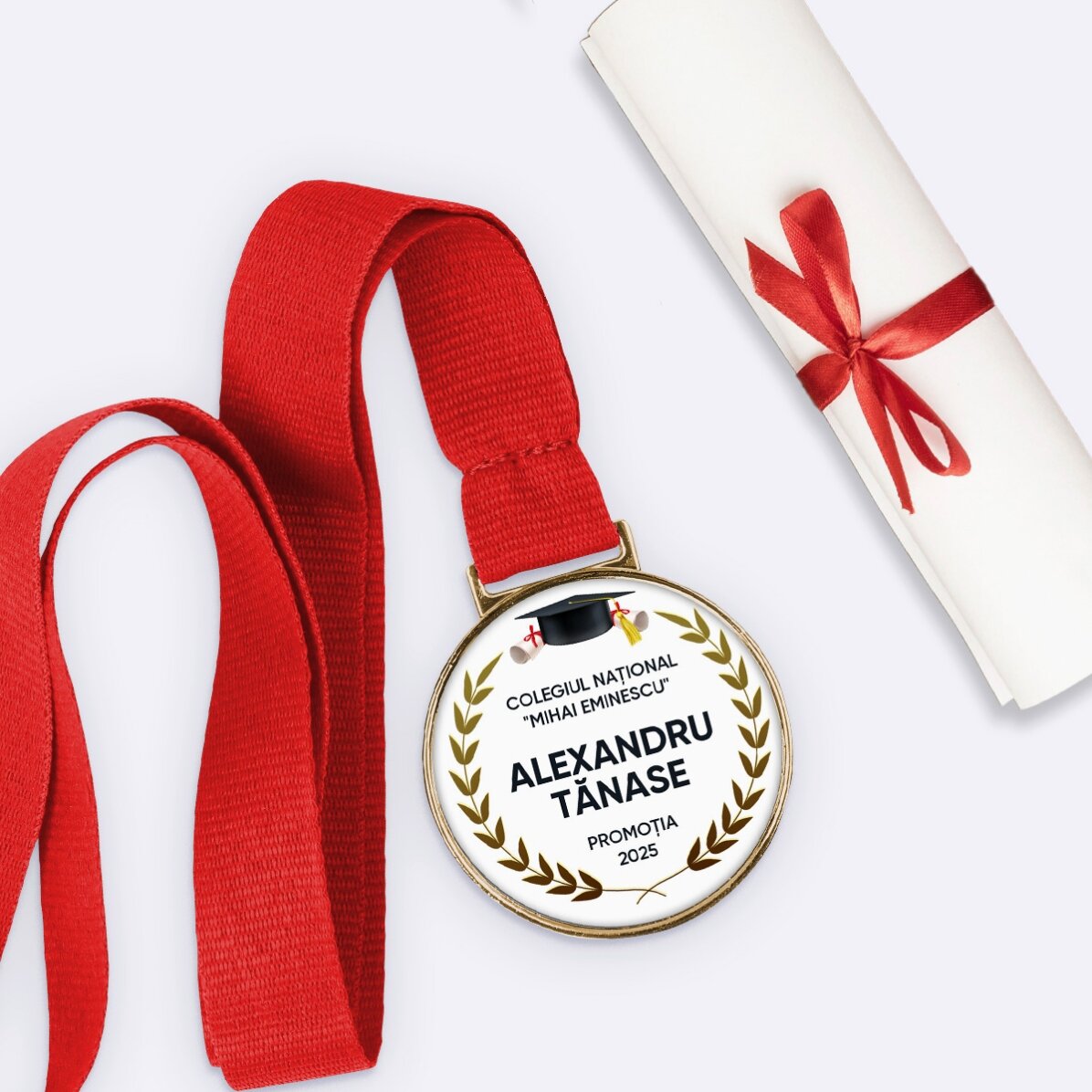 Medalie personalizată cu text - Felicitări pentru absolvire