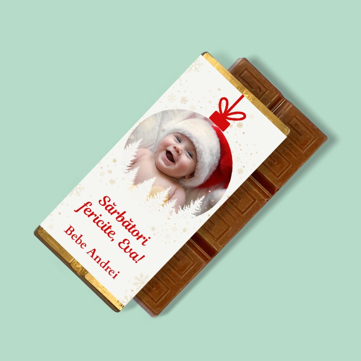 Mini tabletă de ciocolată personalizată cu o poză și mesaj - Glob de Crăciun