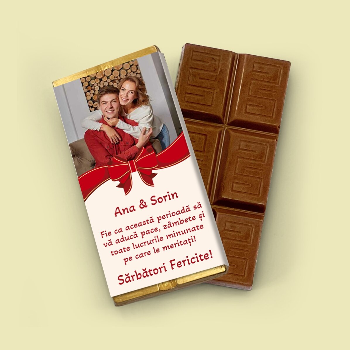 Mini tabletă de ciocolată personalizată cu o poză și text - Fundiță