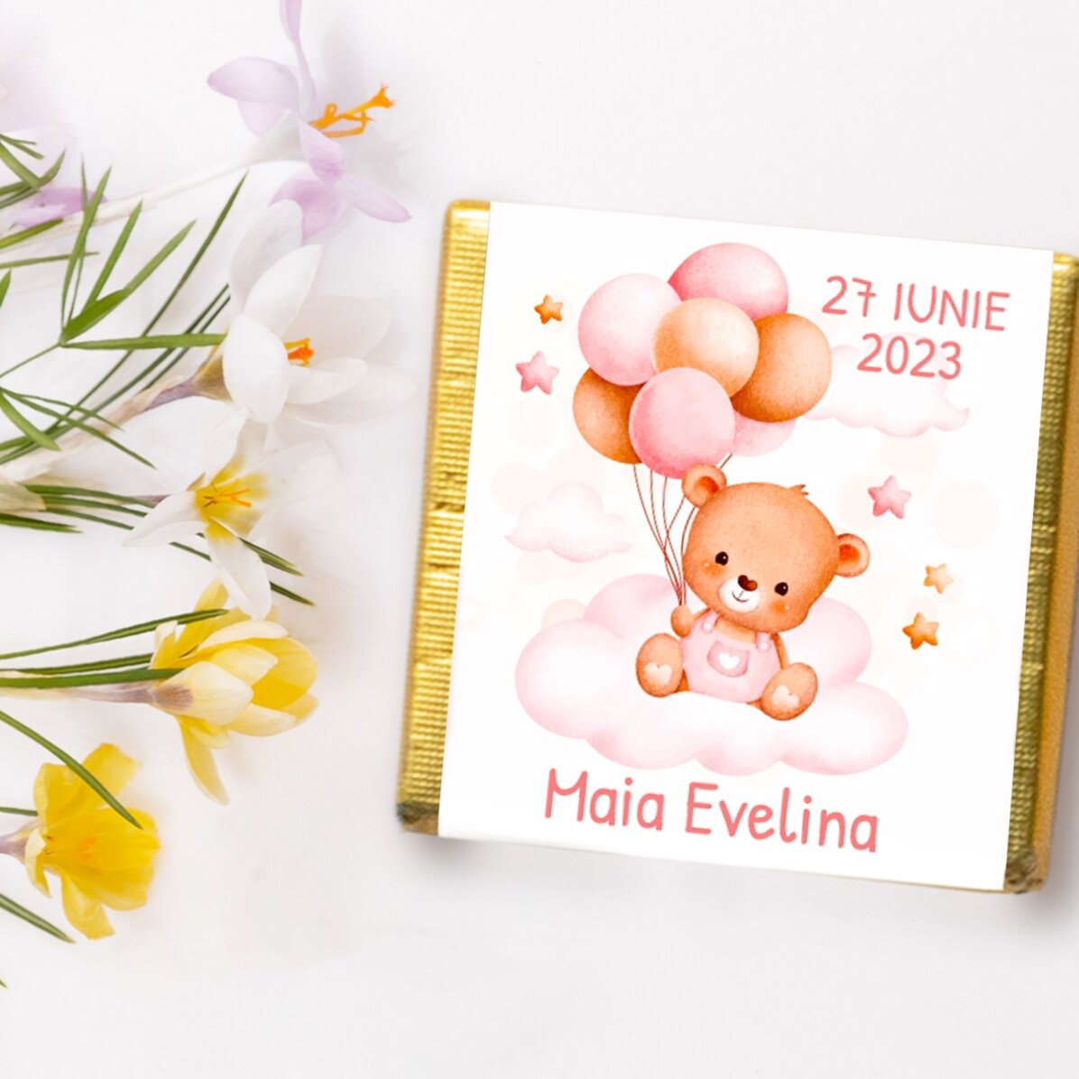 Mini ciocolată mărturie de botez personalizată cu text - Ursuleți