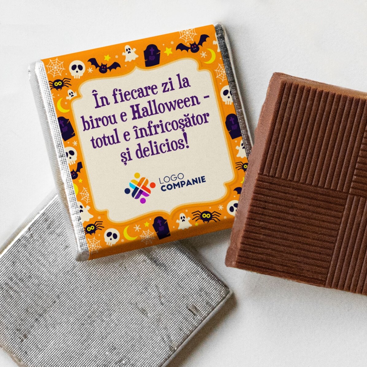 Mini ciocolată personalizată cu logo și mesaj de Halloween