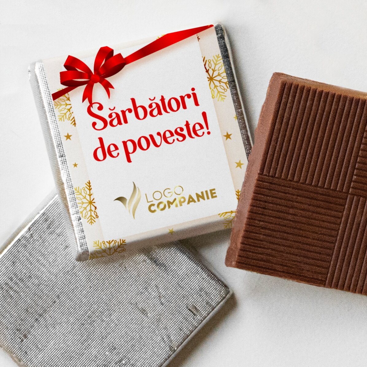 Mini ciocolată personalizată cu logo și mesaj - Fulgi aurii