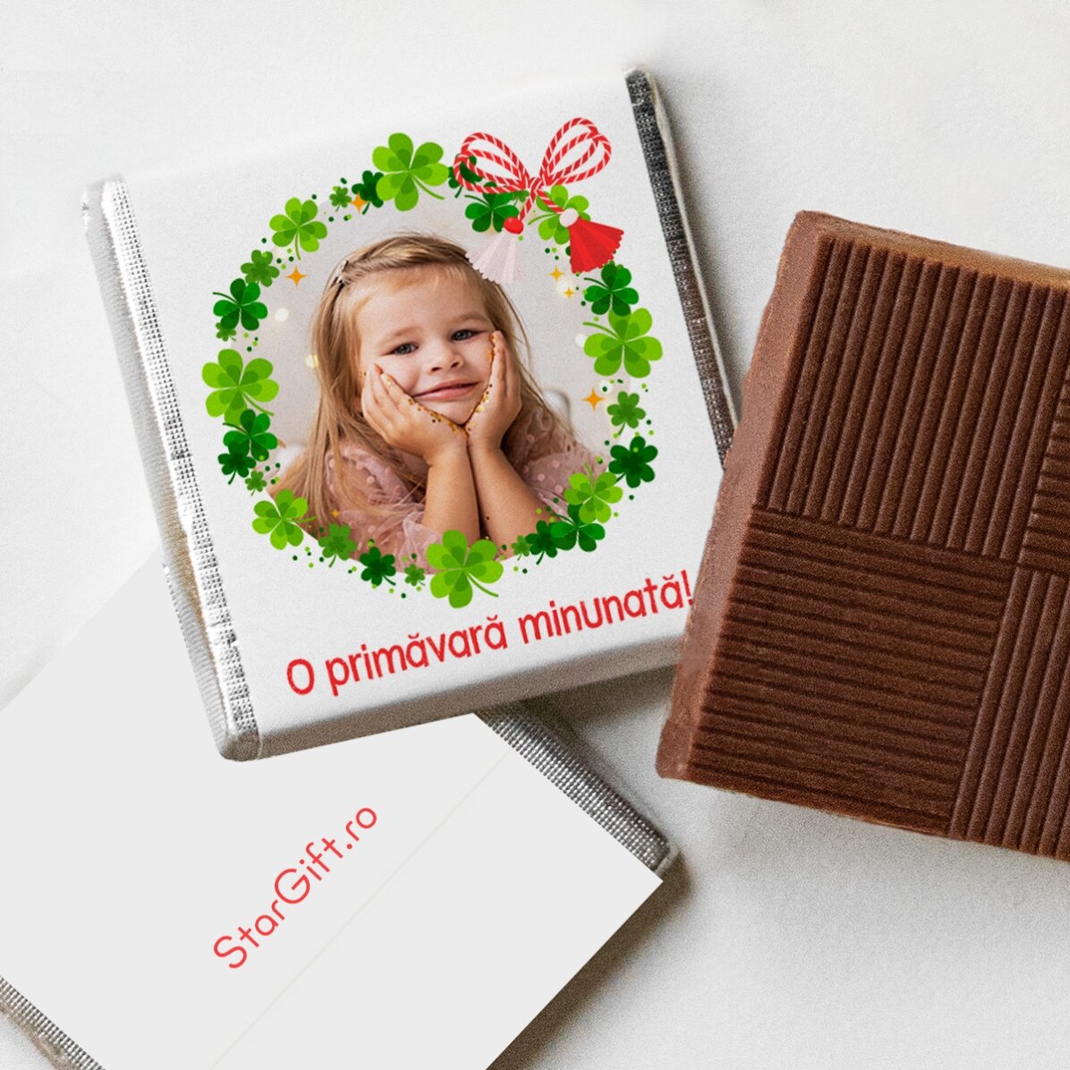 Mini ciocolată personalizată cu poză și mesaj - Mărțișor trifoi