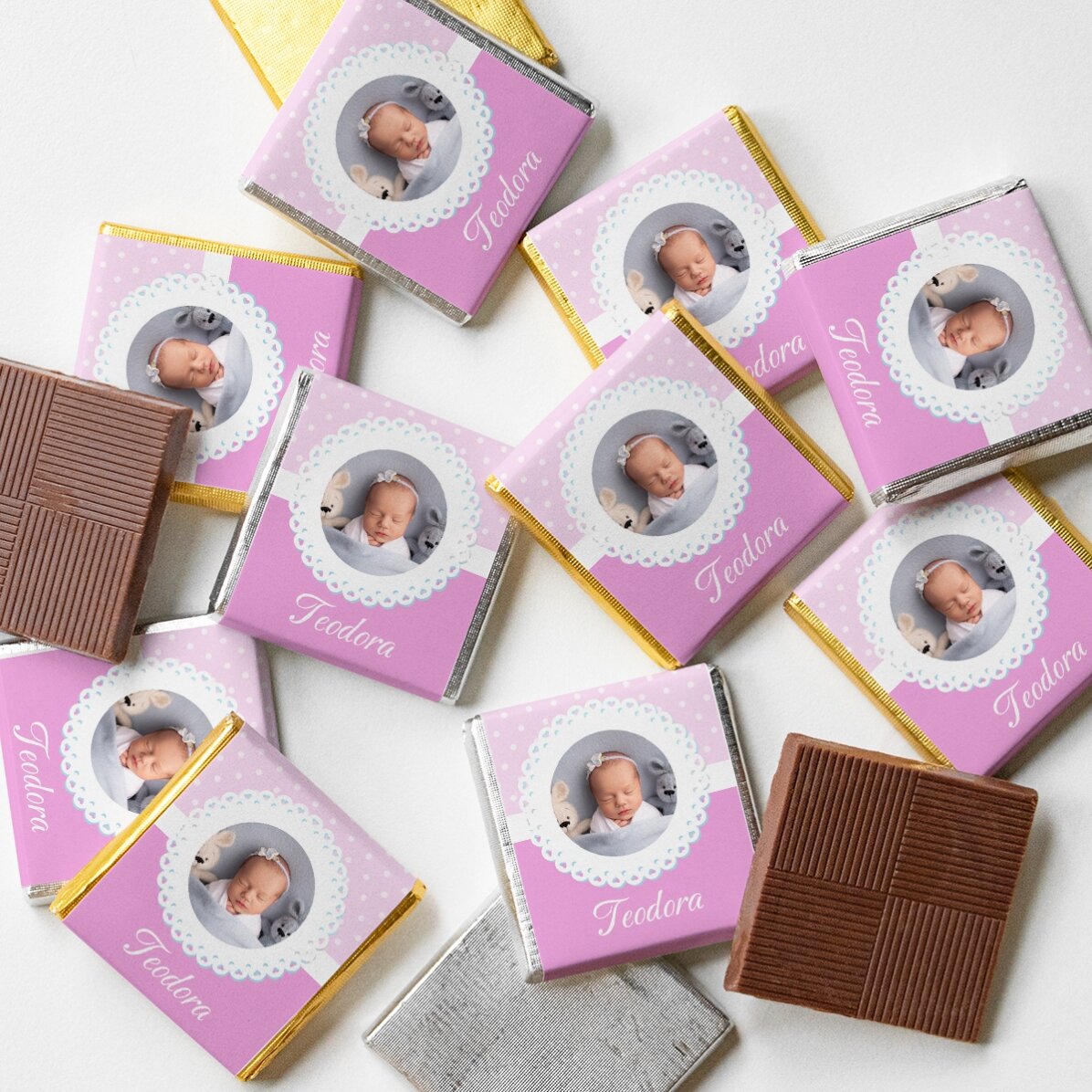 Mini ciocolată personalizată cu poză și text - Mărturie de botez 