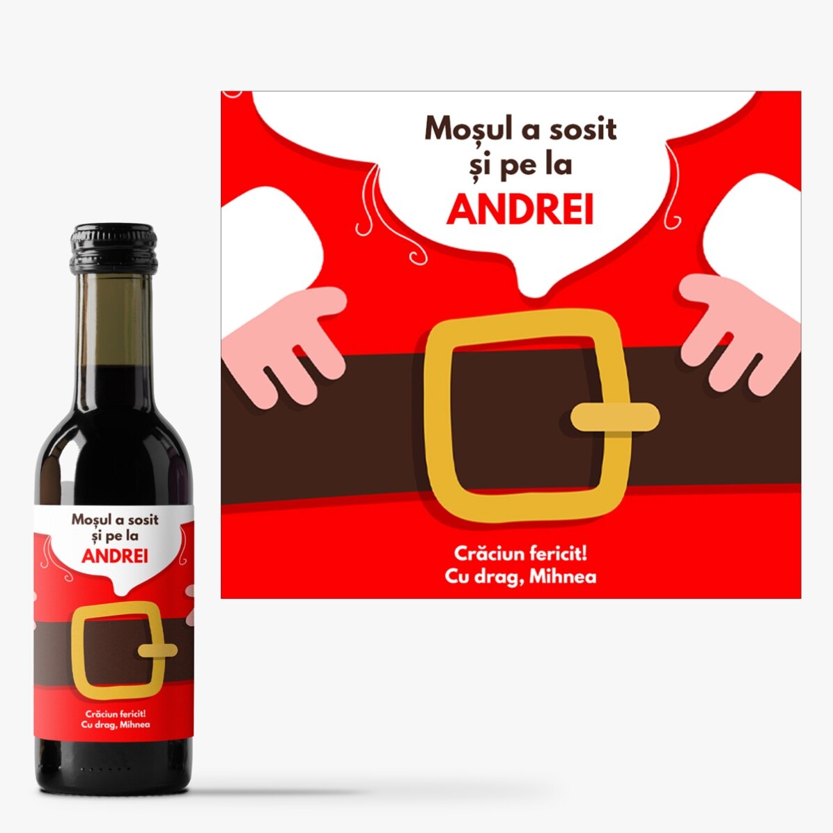 Mini sticluță de vin personalizată cu text - Moșul a sosit