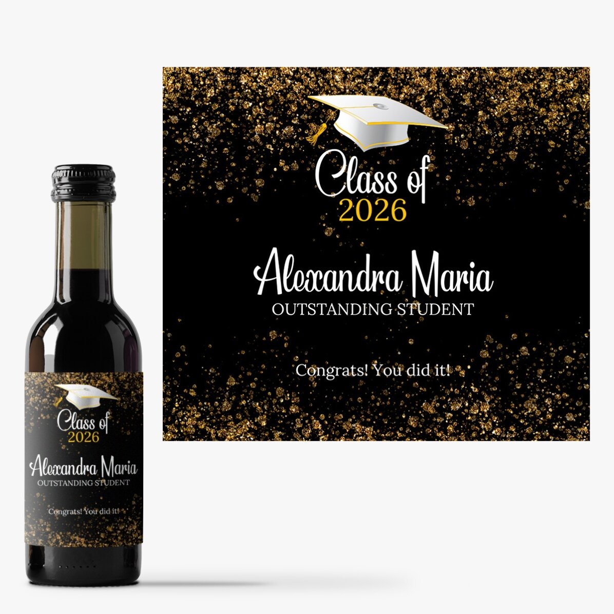 Mini wine bottle for graduation, personalised with text - Outstanding student