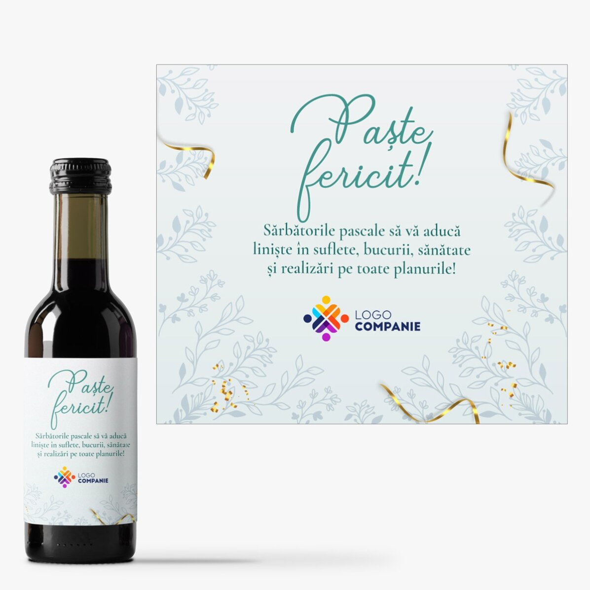 Mini sticluță de vin personalizată cu logo și mesaj - Paște fericit!