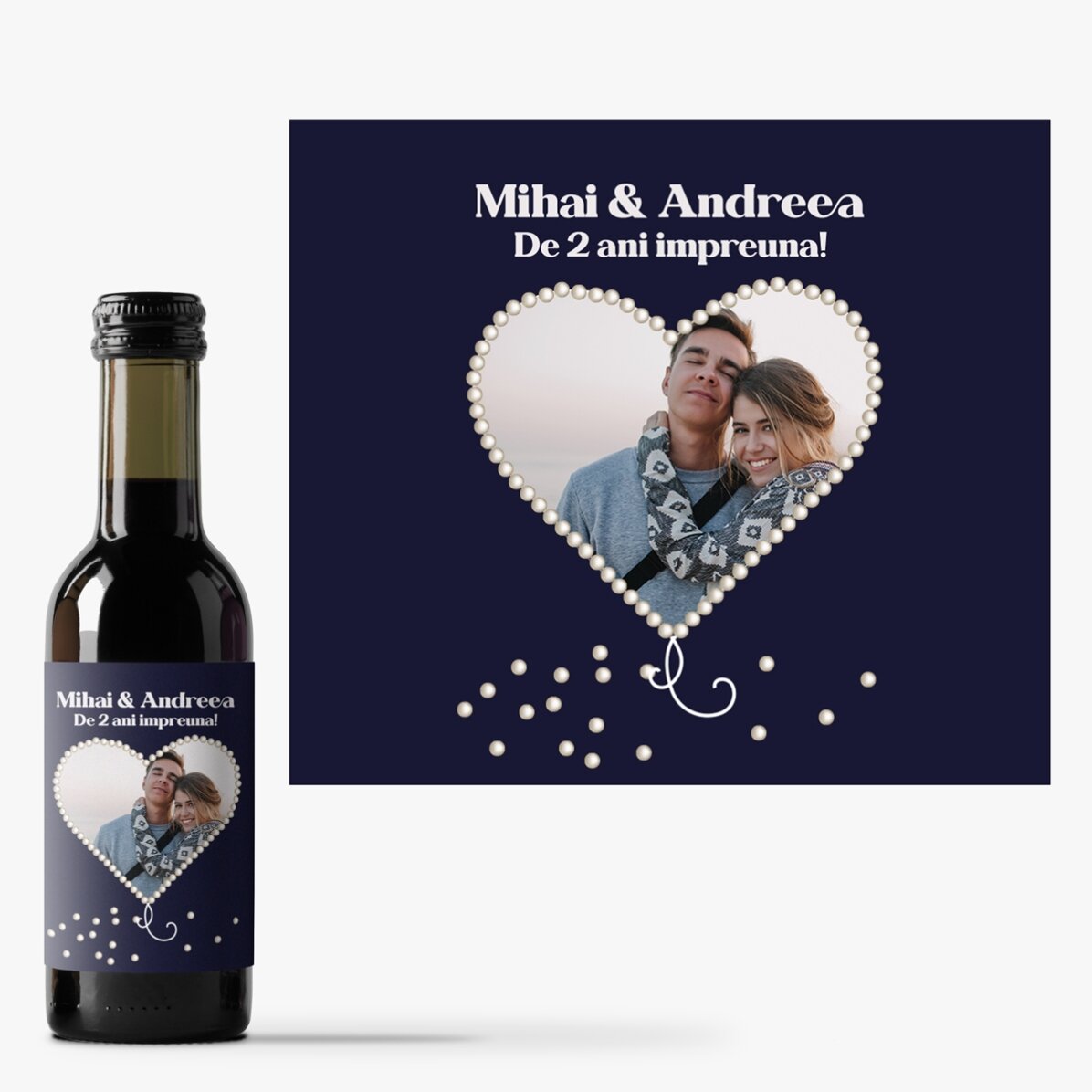 Mini sticluță de vin personalizată cu o poză în formă de inimă perlată