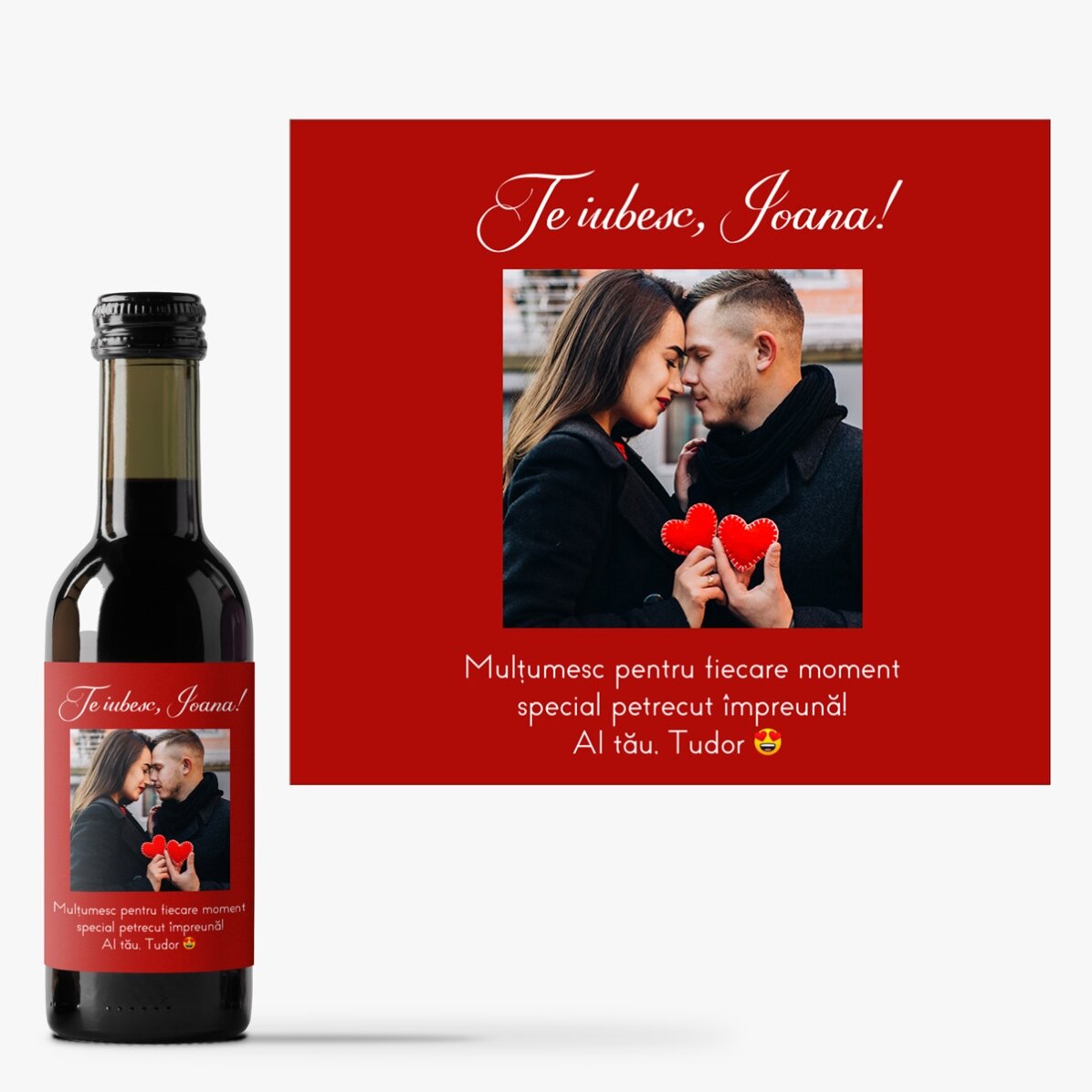 Mini sticluță de vin personalizată cu o poză și mesaj pentru cei dragi