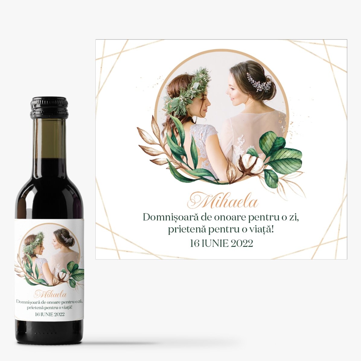 Mini sticluță de vin personalizată cu o poză și text pentru domnișoară de onoare