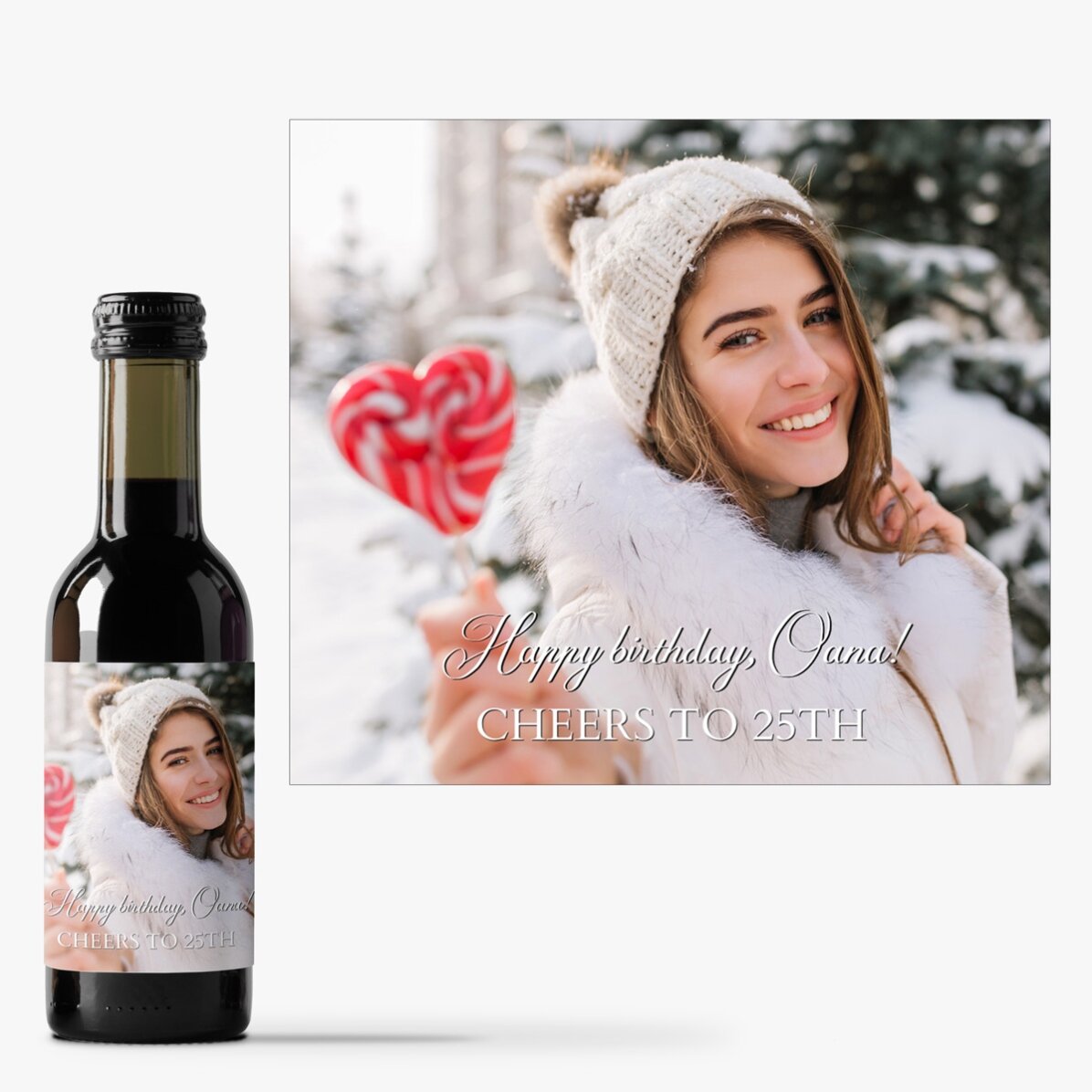 Mini sticluță de vin personalizată cu o poză și text