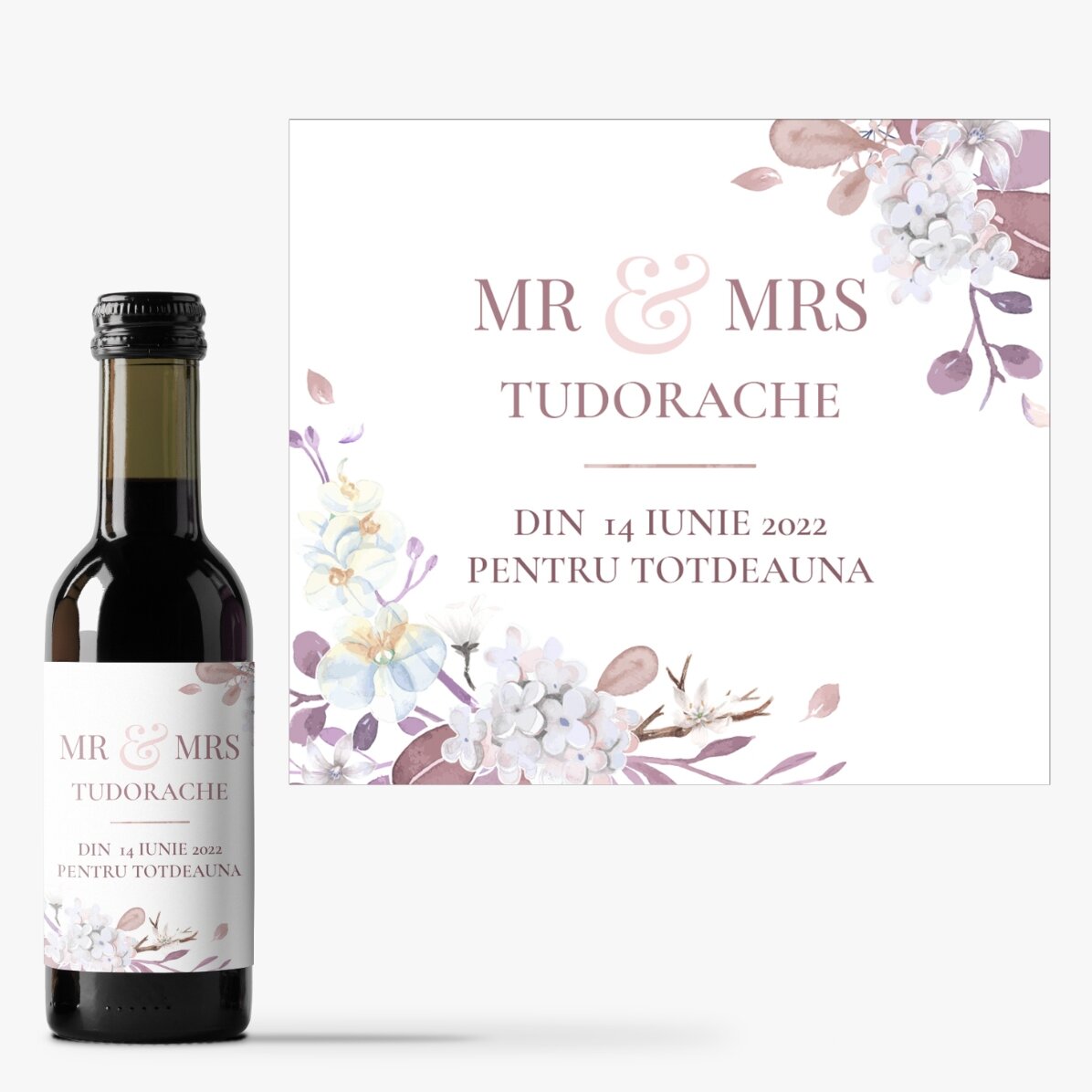 Mini sticluță de vin mărturie personalizată cu text - Mr & Mrs